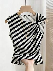 SHEIN Franclia Women's Summer Casual Vacation Colorblock Striped Print Asymmetrical Neck Sleeveless Top - Red and Black - View 4