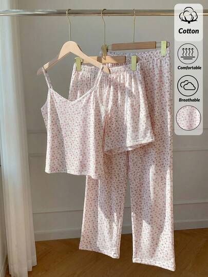 SHEIN 3pcs Cottonline Women Cute Floral Patterned Sexy Strappy Sleep Top + Sleep Shorts + Long Sleep Bottoms Casual & Cute Comfort Lounge Pajama Set