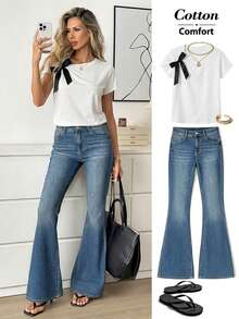 Easowa Áo thun nữ tay ngắn cổ tròn màu trắng bằng cotton, thích hợp mặc hàng ngày, thiết kế nơ bướm. Áo thun cotton trắng cổ điển dành cho nữ với chi tiết nơ bướm thanh lịch ở vai, chất liệu mềm mại, thoải mái, tay ngắn, thích hợp cho mùa hè, ngày của mẹ, áo kiểu thường ngày cho nữ. - trắng - Xem 2