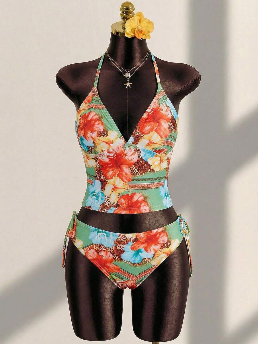 SHEIN 少女黄色碎花吊带比基尼两件套泳衣，适合春夏海滩度假