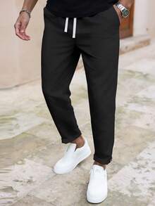 Manfinity Homme Plus Size Men's Casual Tapered Pants, Suitable For Daily Casual Wear, Weekend Outings, Travel, Gatherings With Friends, Etc. This Pant Is An Indispensable Versatile Item In A Man's Wardrobe, And Makes A Great Gift For A Boyfriend Or Husband. - Black - View 1