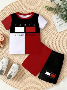 2件組男嬰黑色與紅色Paris & DREAM MAKER字母印花拼色T恤短褲套裝，夏季街頭休閒圖案街頭時尚 - 彩色 - 查看 5