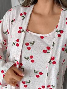 Cotton 3 Pcs Cute CHERRY Pattern Homewear Pajama Set - White - View 5