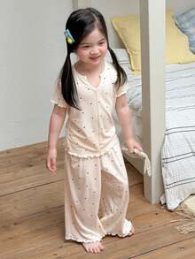 Dazy Kids V領開襟設計圓點印花套裝，年輕女孩夏季居家服 - 白色 - 查看 8
