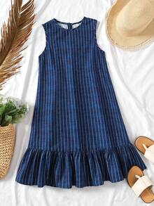 SHEIN Vestido casual de línea A sin mangas con parches a rayas azules y blancas para niña preadolescente, vestido de vacaciones - Azul - Ver 3