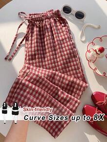 SHEIN CURVE+ Curve 尺码 US22 音乐节、海滨度假、波西米亚风女士夏季休闲沙滩装、时尚商务通勤优雅阔腿裤，带口袋，莲花粉色，夏季长裤/乡村/海滩度假装/沙滩装/沙滩服饰 - 紅色 - 查看 1