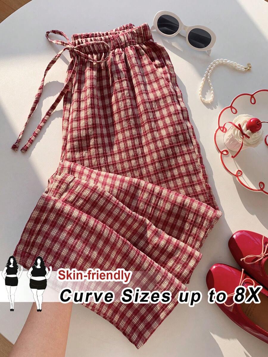 SHEIN CURVE+ Curve 尺码 US22 音乐节、海滨度假、波西米亚风女士夏季休闲沙滩装、时尚商务通勤优雅阔腿裤,带口袋,莲花粉色,夏季长裤/乡村/海滩度假装/沙滩装/沙滩服饰 - 紅色 - 查看 1