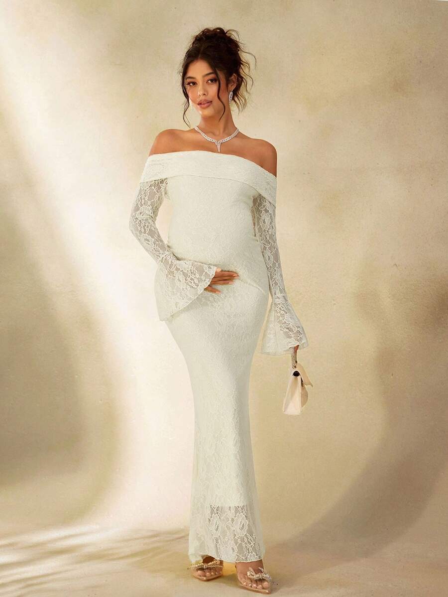 Cheriluna Maternity 孕妇摄影蕾丝连衣裙/优雅派对礼服/黄色新年连衣裙/冬季连衣裙 - 杏色 - 查看 1