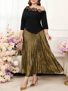 Gownix Plus Size Women's Elegant Formal Gym Brown Autumn Dress,Floral Decor Asymmetrical Patchwork Pleated Luxury Evening Party Wedding Guest Outfits - Multicolor - View 8