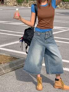 DAZY 2 pièces Ensemble de femme composé d'un débardeur col rond unicolore et d'un t-shirt ajusté à manches courtes - Tabac - Voir 5