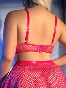 AltCore 3件套女士性感亮色渔网内衣套装 - 玫紅色 - 查看 7