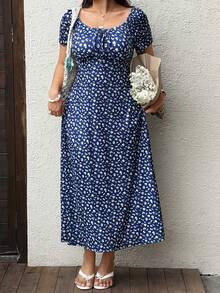 Sunnyshic Gaun Pas Badan Motif Bunga Kecil Warna Biru Tua Ukuran Plus, Gaun Nyaman untuk Musim Semi/Panas - Navy Blue - View 6