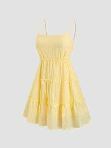 SHEIN Sweetro Đầm nữ mùa hè màu vàng nhạt, dây mảnh, xếp ly nhiều lớp, viền bèo nhún. - Màu vàng - Xem 4