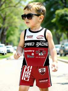 2pcs/Set Baby Boy Casual Chic Racing Car Logo Graphic Print Round Neck Tank Top And Matching Logo Shorts Set, Suitable For Summer Outings - Multicolor - View 3