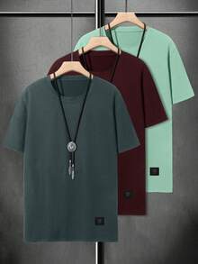 NEOREFINED 3pcs/Set Men's Casual Solid Color Round Neck Short Sleeve T-Shirts, Summer - Burgundy - View 2