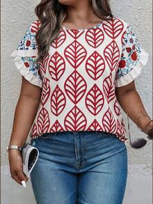 Weeklong Plus Size Women's Casual Vacation Floral Print Contrast Trim Petal Sleeve Shirt, Spring/Summer Gym Brown - Multicolor - View 5