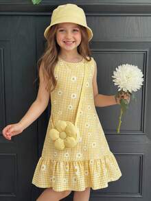 SHEIN Đầm bé gái, đầm đi nghỉ mát, đầm thường ngày, đầm không tay kẻ caro vàng trắng họa tiết hoa cúc. - Màu vàng - Xem 8