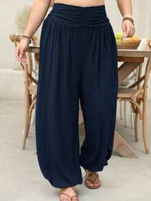 EMERY ROSE Plus Size Solid Color Casual Pleated Loose Beach Vacation Pants Fall - Navy Blue - View 4