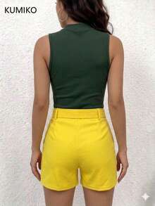 Short Primavera con Cinturón pierna recta. Elegante y Casual.  Moda Primavera - Verano - Amarillo - Ver 5