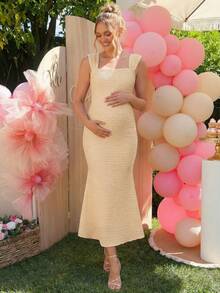 Loomaby Maternity Solid Color Fitted Square Neck Sleeveless Dress - Apricot - View 7