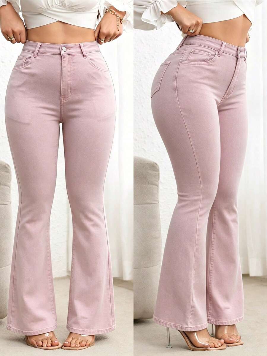 SHEIN Unity Plus Size High Waist Slim Fit Flare Leg Washed Dark Blue Jeans - Baby Pink - View 1