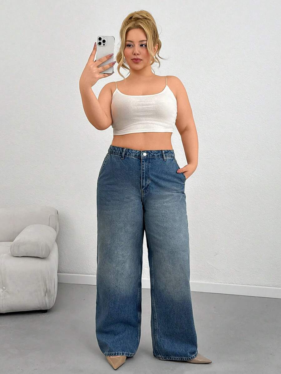 Plus High Waist Wide Leg Jeans - Medium Wash - View 1