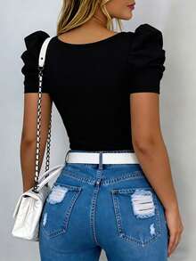 EMERY ROSE Fitted Sexy Square Neck Petal Sleeve T-Shirt - Black - View 2