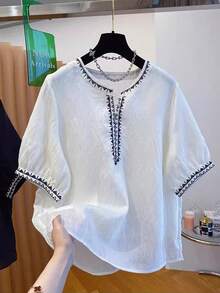 Franclia Camisa de manga corta con diseño de cuello calado y bordado, talla grande para verano - Blanco - Ver 4
