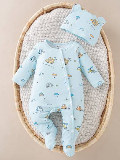 SHEIN Bộ 2 món áo liền quần dài tay in hình gấu hoạt hình cho bé sơ sinh (dành cho cả nam và nữ) kèm mũ, thích hợp cho mùa xuân, hè, thu, đông, mặc hàng ngày, tiệc sinh nhật, chụp ảnh.