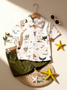 SHEIN 男童海洋动物印花短袖衬衫短裤套装（2件），适合度假、户外探险、海滩周末、海岛风情、夏季穿着 - 綠色 - 查看 8
