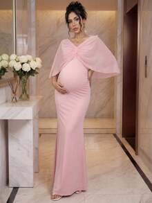 SHEIN Đầm dự tiệc và dạo phố thanh lịch cổ chữ V xếp ly màu trơn dành cho bà bầu - Hồng - Xem 2