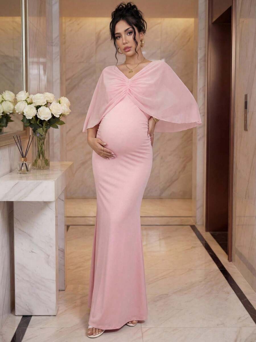 SHEIN Đầm dự tiệc và dạo phố thanh lịch cổ chữ V xếp ly màu trơn dành cho bà bầu