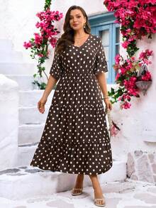 EMERY ROSE Vestido Elegante de Manga Curta com Decote em V e Bolinhas para Mulheres Plus Size - Multicolorido - Visão 3