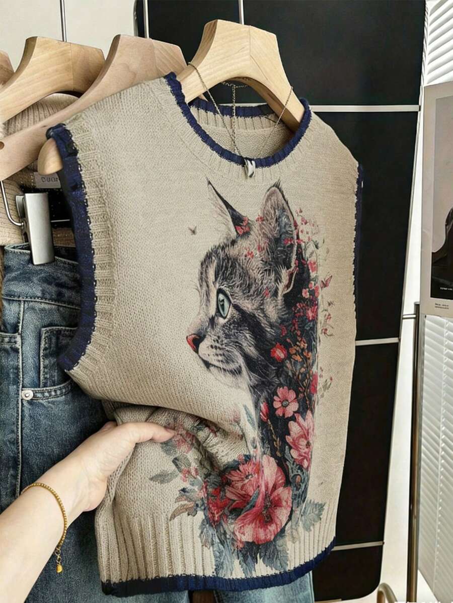 EMERY ROSE 大码女装春夏休闲装：简约百搭，波西米亚风情。随机猫咪和花卉印花。撞色圆领无袖针织背心。春夏必备。 - 杏色 - 查看 1