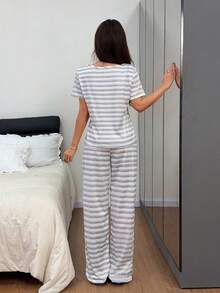 Softscene 女士字母条纹印花休闲圆领短袖睡衣套装 - 灰色 - 查看 2