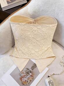 GlowEve Top tubo de encaje para mujer con cintura retorcida, bajo asimétrico, elegante romántico casual para vacaciones, salidas y fiestas, primavera/verano - Albaricoque - Ver 2