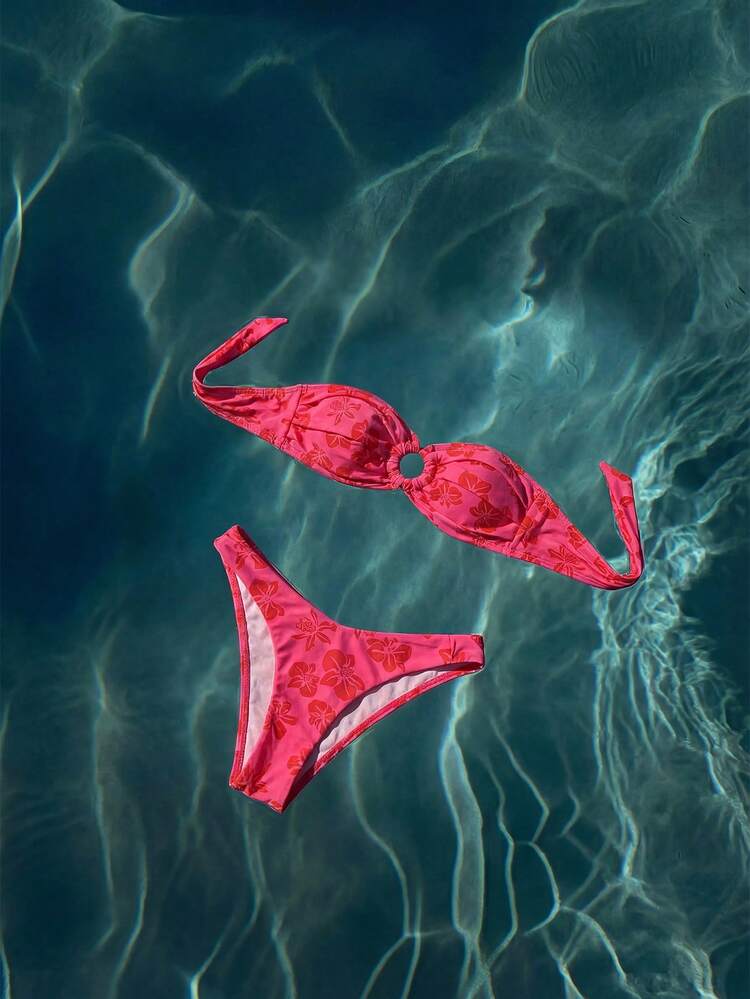 Women's Summer Beach Floral Print Bandeau Sexy Bikini Swimsuit Set