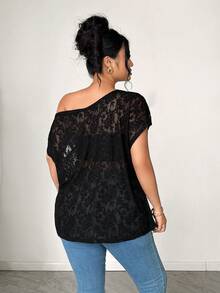 SHEIN Elenzya Áo thun nữ ren xuyên thấu gợi cảm mới về, thời trang mùa hè. - màu đen - Xem 2