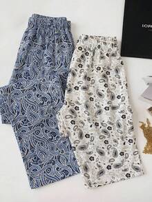 SHEIN Cotton Line 女士休闲抽绳多色两件套长款睡裤 - 彩色 - 查看 3