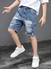 SHEIN Mirajuku 青少年男童做旧牛仔短裤，浅蓝色水洗牛仔布，休闲街头风，修身剪裁，面料柔软舒适，适合日常、户外、派对等场合，2026夏季新品 - 淺色水洗藍 - 查看 8