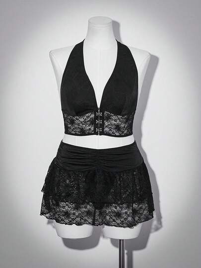 AltCore Women's Sexy Lace Knit Deep V-Neck Halter Metal Buckle Ruffle Hem 3 PiecesSet