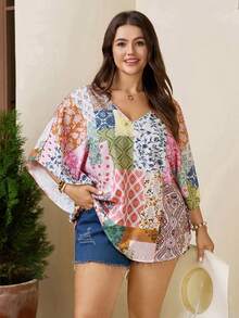 SHEIN LUNE 大码波西米亚风V领热带花卉印花荷叶边袖宽松上衣，适合度假和夏季穿着 - 彩色 - 查看 4