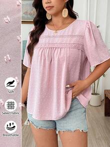 Weeklong Plus Size Women's New Elegant Casual Swiss Dot Textured Lace Trim Round Neck Puff Sleeve A-Line Blouse - Baby Pink - View 1