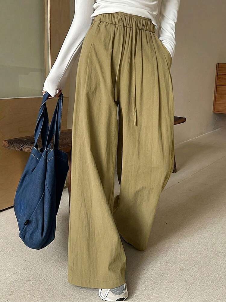 Women's Loose Solid Color Elastic Waist Casual Wide Leg Pants, Summer
