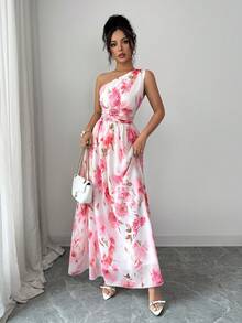 Balvessa Đầm nữ thanh lịch màu hồng in hoa, kiểu dáng bất đối xứng, vai lệch và eo thắt, thích hợp cho mùa xuân/hè. - Hồng - Xem 6
