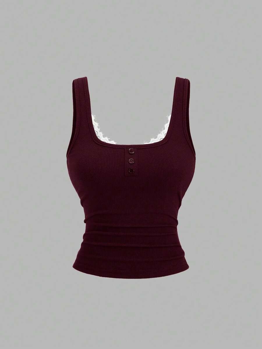Sweetra Kamisol Kasual Wanita dengan Motif Renda dan Patchwork - Burgundy - View 1