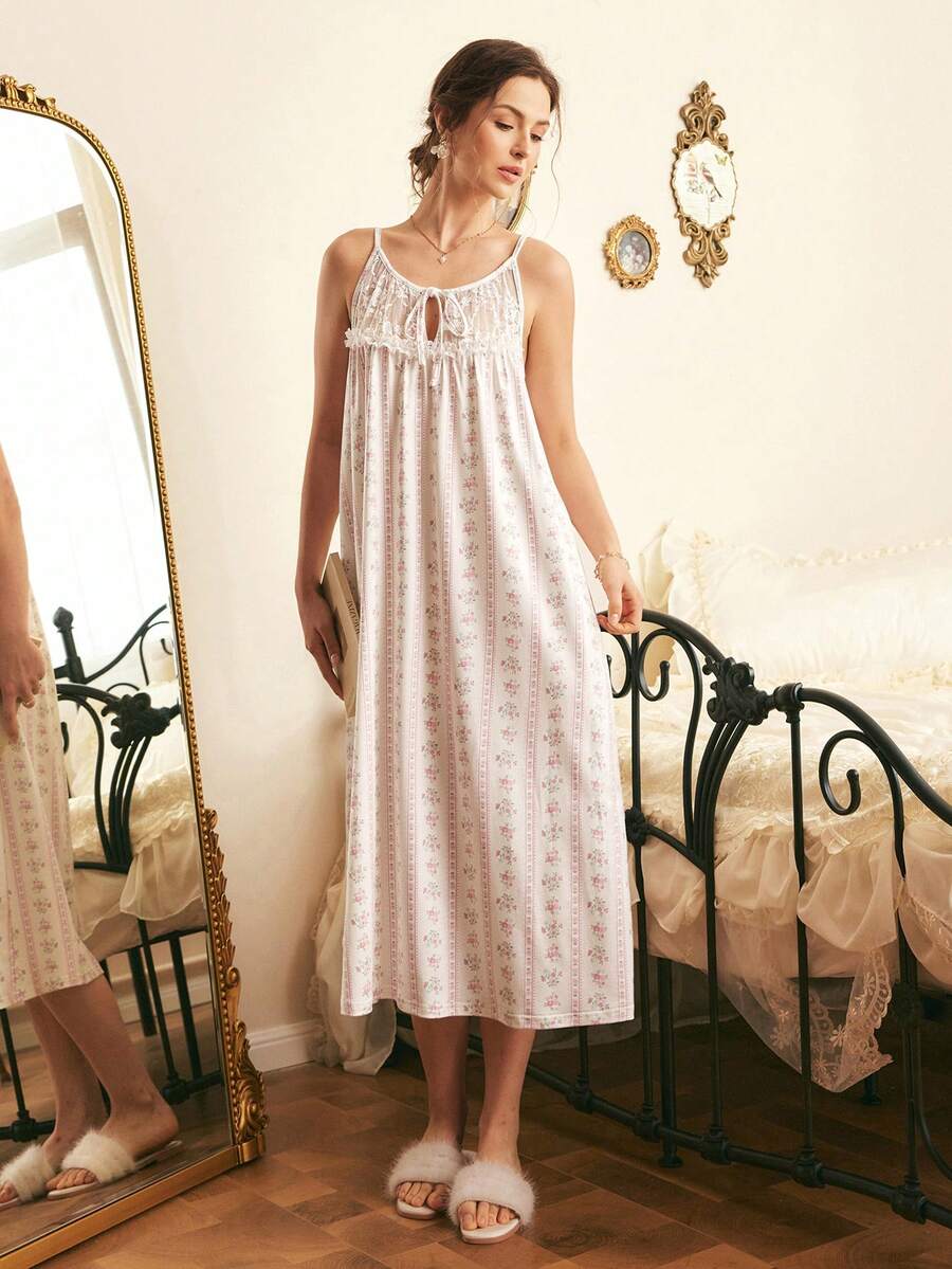 Côtesoire Southern France Romantic Striped Floral Lace Camisole Nightgown For Women - Multicolor - View 1