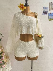 SHEIN WYWH Bộ 2 món áo croptop tay dài lệch vai và quần short dành cho nữ. - Màu be - Xem 3