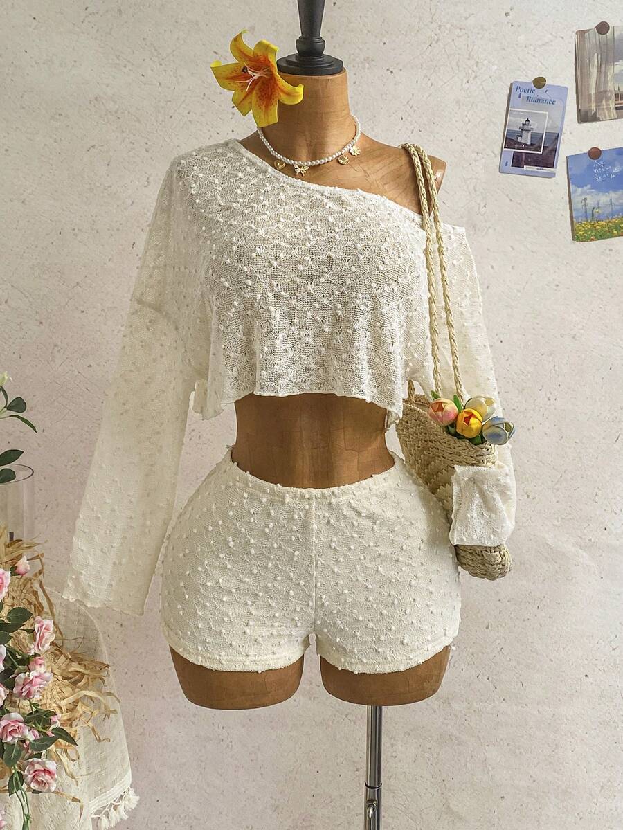 SHEIN WYWH Bộ 2 món áo croptop tay dài lệch vai và quần short dành cho nữ. - Màu be - Xem 1