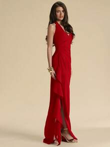 SHEIN BAE Vestido de Dama de Honor Primavera Verano, Escote en V Profundo con Halter, Volantes, Abertura Alta, Envolvente con Volantes, Largo Rojo para Mujeres, Elegante Maxi para Fiesta, Cena y Cita - Rojo - Ver 4